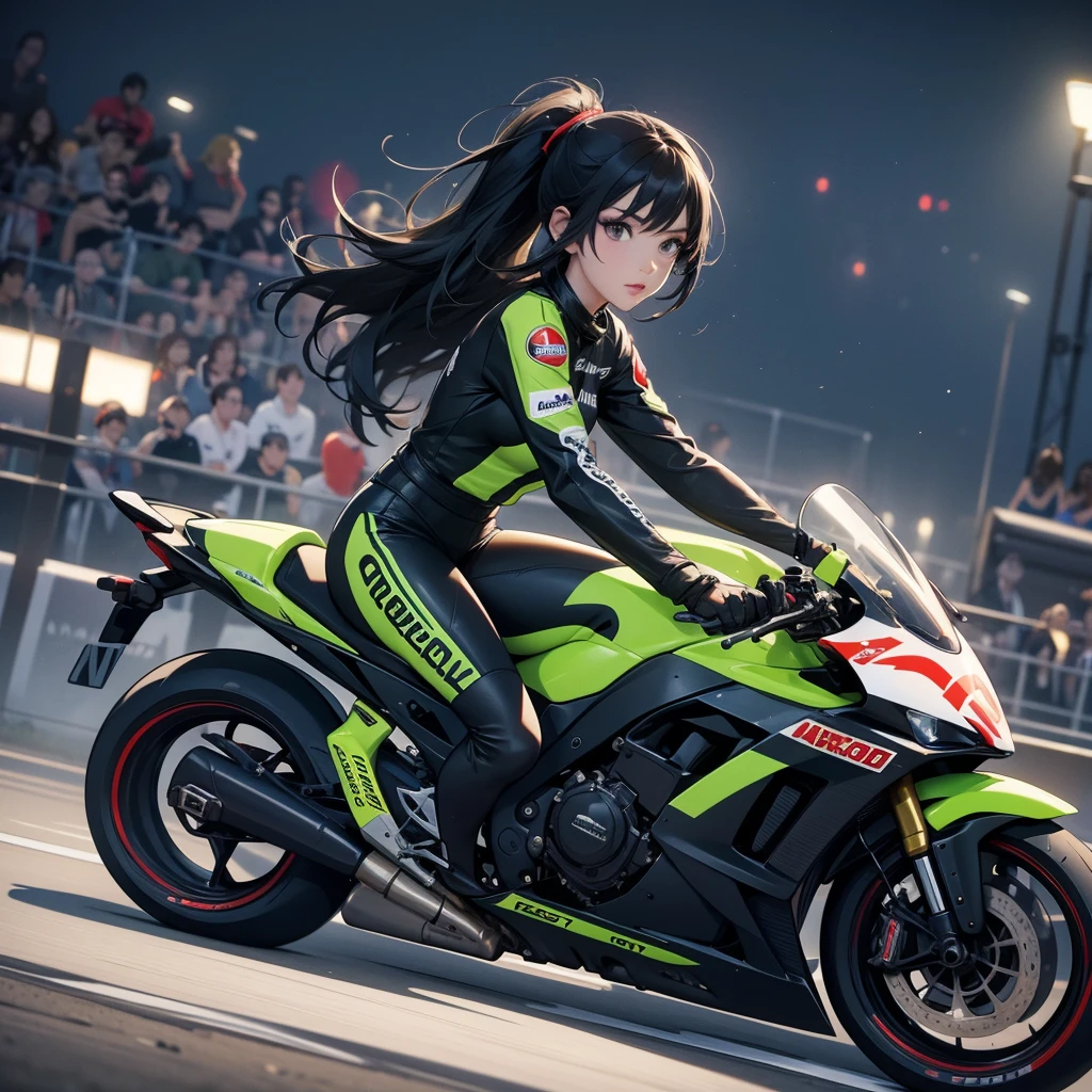 A beautiful female racer wearing a racing suit, with long black hair, is riding a motorcycle, racing on a racetrack. There are many spectators sitting around watching the race, dark night, close up.