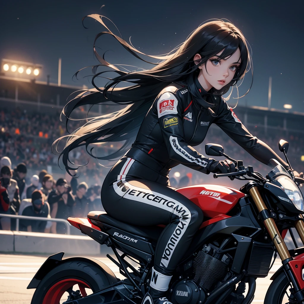 A beautiful female racer wearing a racing suit, with long black hair, is riding a motorcycle, racing on a racetrack. There are many spectators sitting around watching the race, dark night, close up.