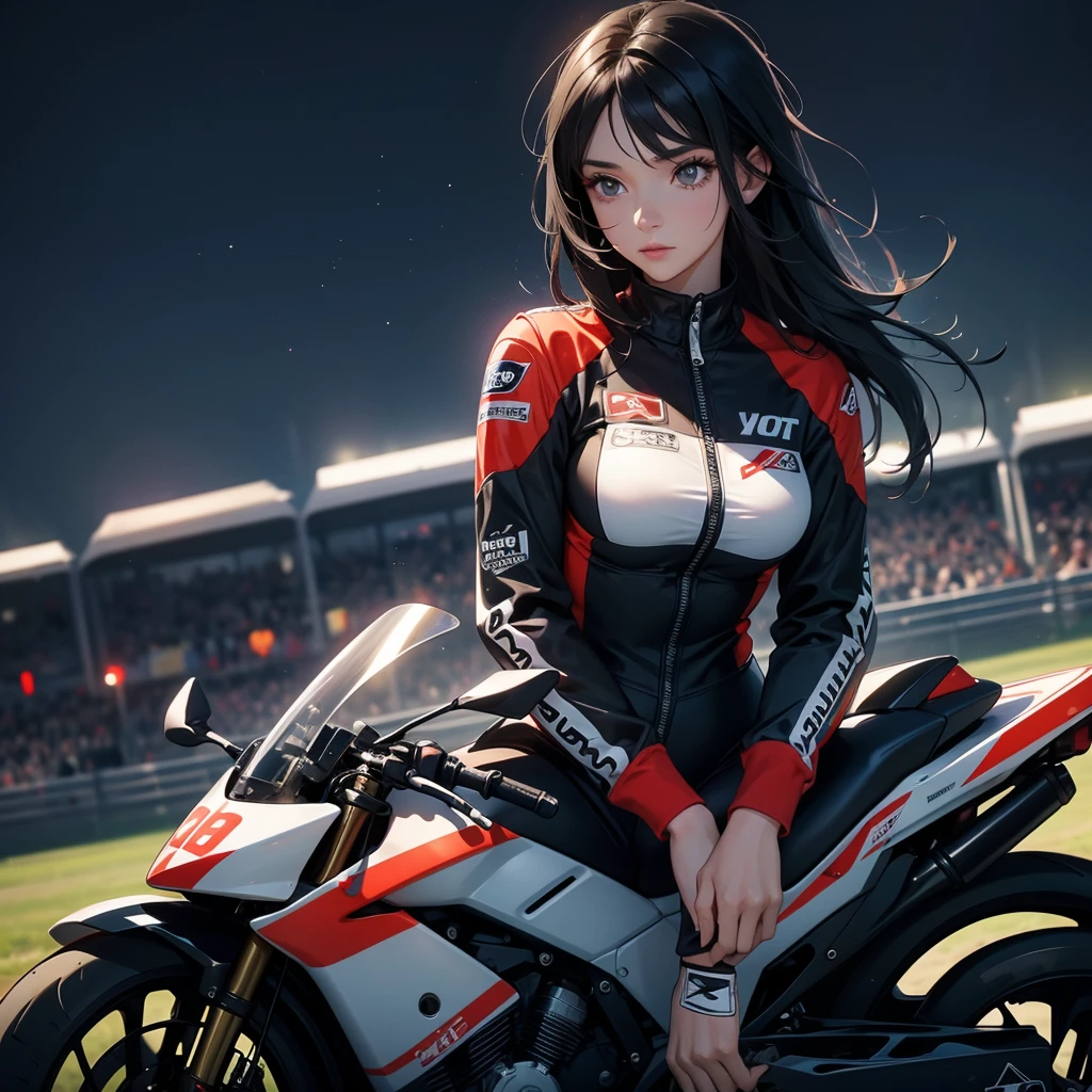Highest quality, outstanding detail, super high resolution, (fidelity: 1.4), best illustration, favor details, close-up, a mecha girl with a delicate and beautiful face, ((red and white semi-mechanical body: 1.8)), (big breast: 1.2), sexy, belly button, cleavage, riding on a motorcycle, cyberpunk, futuristic, mechanical aesthetics, complex machinery, background is a high-tech lighting scene of the futuristic city, virtual engine 5, perfect detail rendering, octane rendering, ultra HD