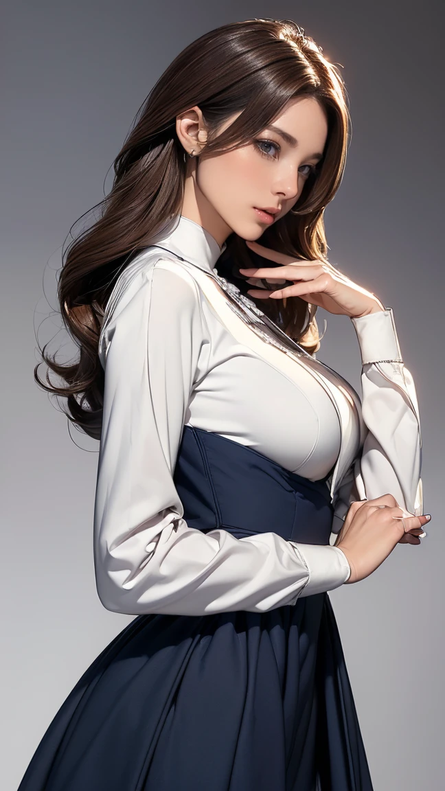 Nipples, Visible through the white shirt (((masterpiece, Highest quality)), No pants, 1 girl, (Realistic: 1.4), alone, White Background, Black Hair, Long Hair, Absolute area, skirt, ((whole body)), Sexy proportions、Narrow waist
