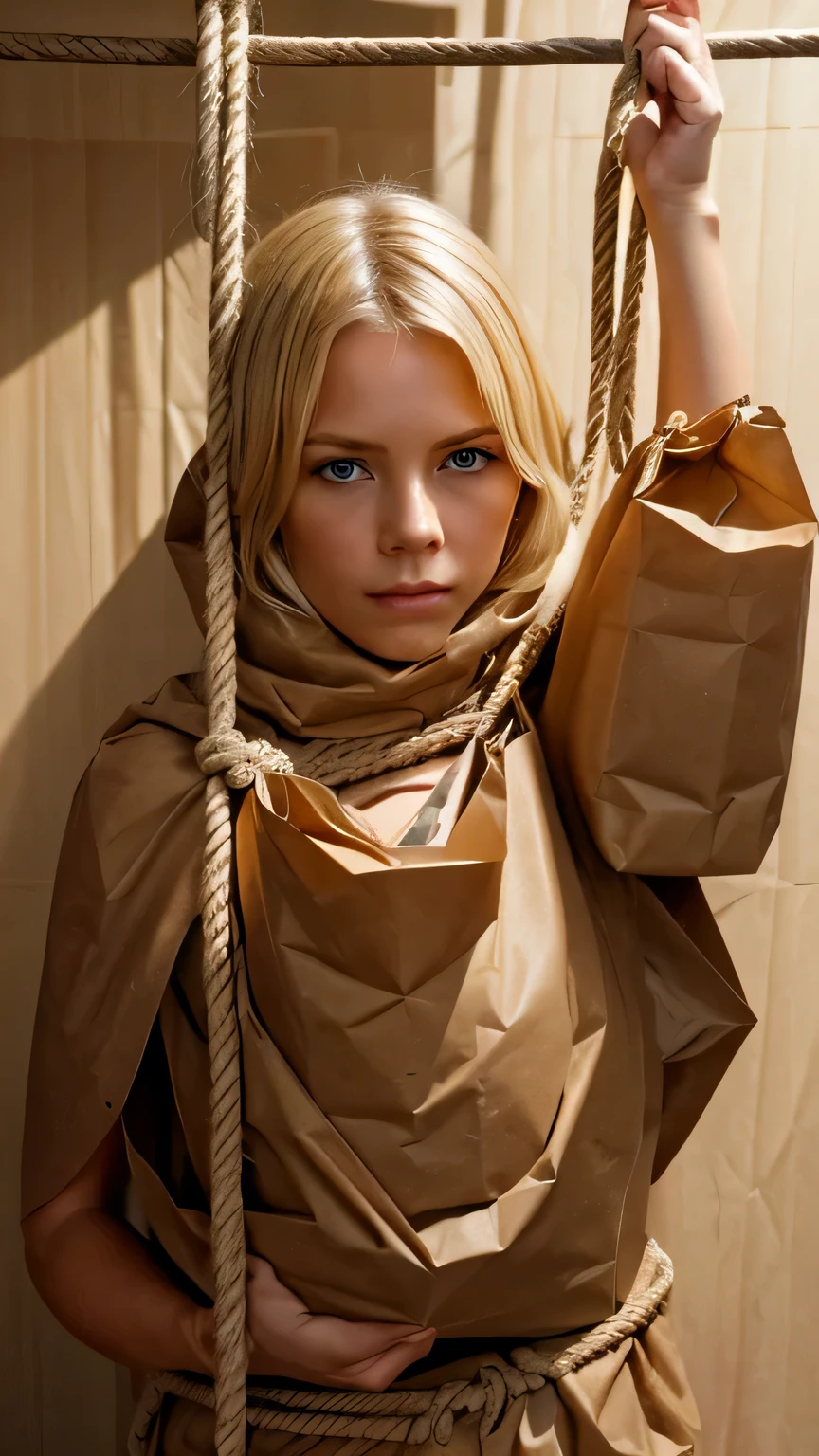 a stunningly beautiful blond woman wrapped in a very tight makeshift bodybag made of crumpled brown paper age bags, she is tied with rope into a helpless little human package, she is wrapped around with rope, wearing a brown paper bag with eyeholes over head, she is hanging inside closet, bright day, extremely photorealistic, highly detailed photo,