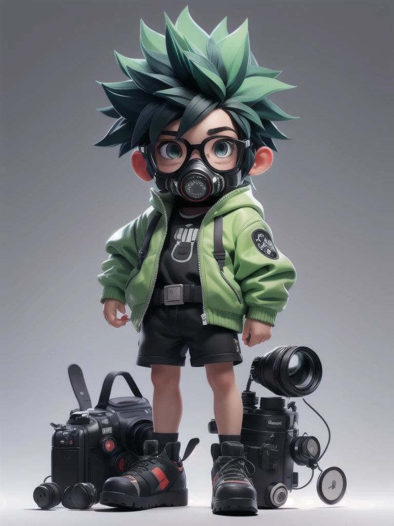 ((一人in,Looking))_in_Audience,green_eye,Simple_background,shirt,black_((Soft Mohawk)),1 person,black、Glasses、Are standing,WhiteJacket,full_body,male_concentrated,Multicolor_Short Hair,shoes,gasmask,black_Shorts,ring,spike_White_Jacket、白Jacket,male_child,gas_mask,respirinor,cineminic lighting,Strong contrast,High level of detail,Highest quality,masterpiece,White background,((blackメガネ))、I have a single-lens reflex camera、CANON