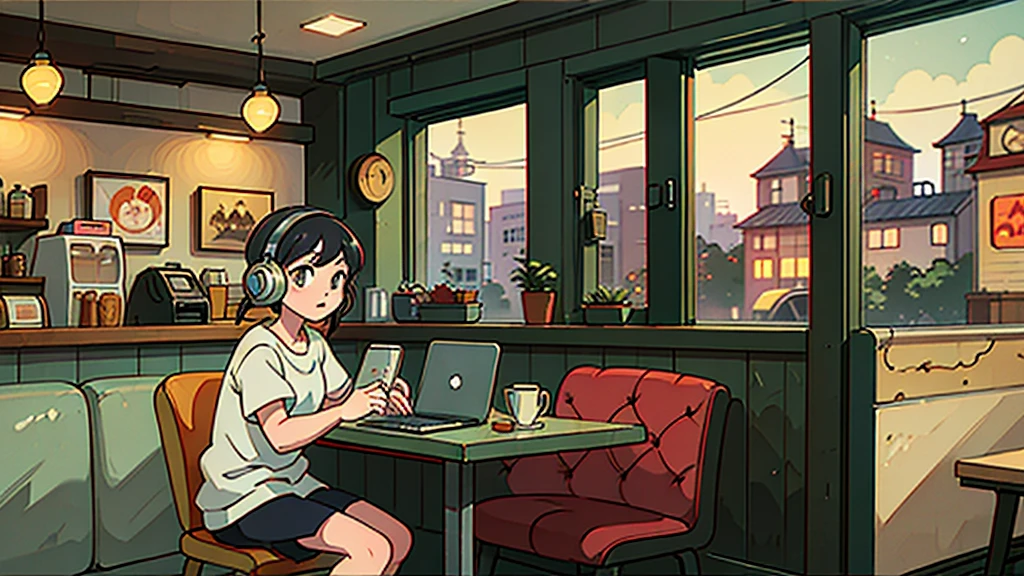 Create a nostalgic anime-style scene set in a cozy cafe. The character, wearing retro headphones, is immersed in their laptop, surrounded by vintage decor. Capture the warm, lo-fi music vibe.