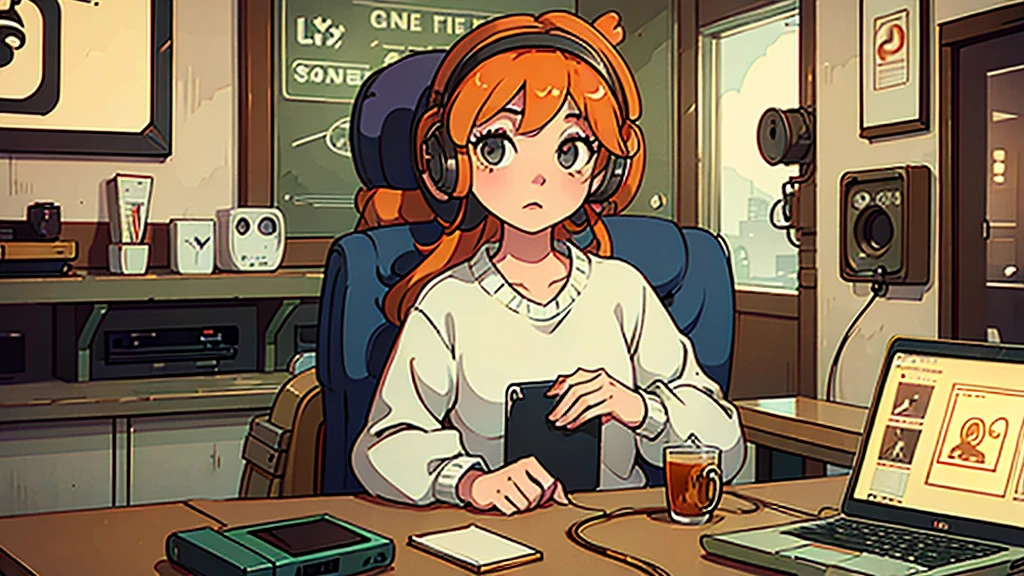 Create a nostalgic anime-style scene set in a cozy cafe. The character, wearing retro headphones, is immersed in their laptop, surrounded by vintage decor. Capture the warm, lo-fi music vibe.