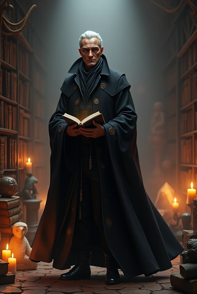 Create a highly detailed 3D Pixar-style character of a mysterious guardian of secrets. The character is of indeterminate age, with timeless, enigmatic features. They are dressed in a dark, elegant coat, with piercing eyes that seem to see into the soul. They hold an ancient book or a key, symbolizing the secrets they protect. The setting is a dimly lit room filled with old books, candles, and mystical artifacts. The overall atmosphere should be mysterious and captivating, drawing viewers in with a sense of intrigue and anticipation.