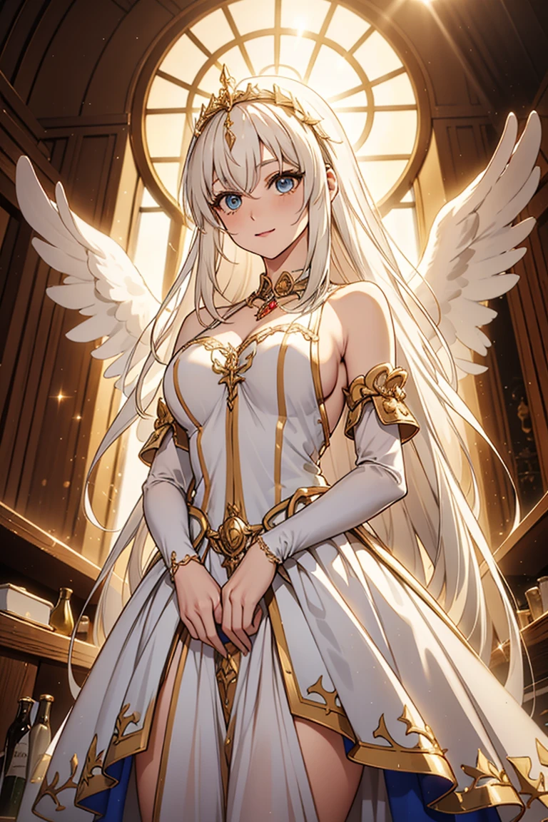 Teenage Girl，Fantasy World Princess，obsessed，Full Breasts，（Angel Wings），in love，sacred，(And the White Princess Dress:1.3)，Blonde hair and blue eyes，Blue eyes，Great Sword，holy sword，Super super details，Ruffles，大量Lace，(There are stripes on the clothes:1.2)，(Dress nicely:1.1)，(Layered Skirt),Sheer and transparent clothing，Beautiful and delicate face，Movie Lighting，night，The only person，Lace,(shine:1.2), (Best quality), (masterpiece:1.2),sparkling gemstones