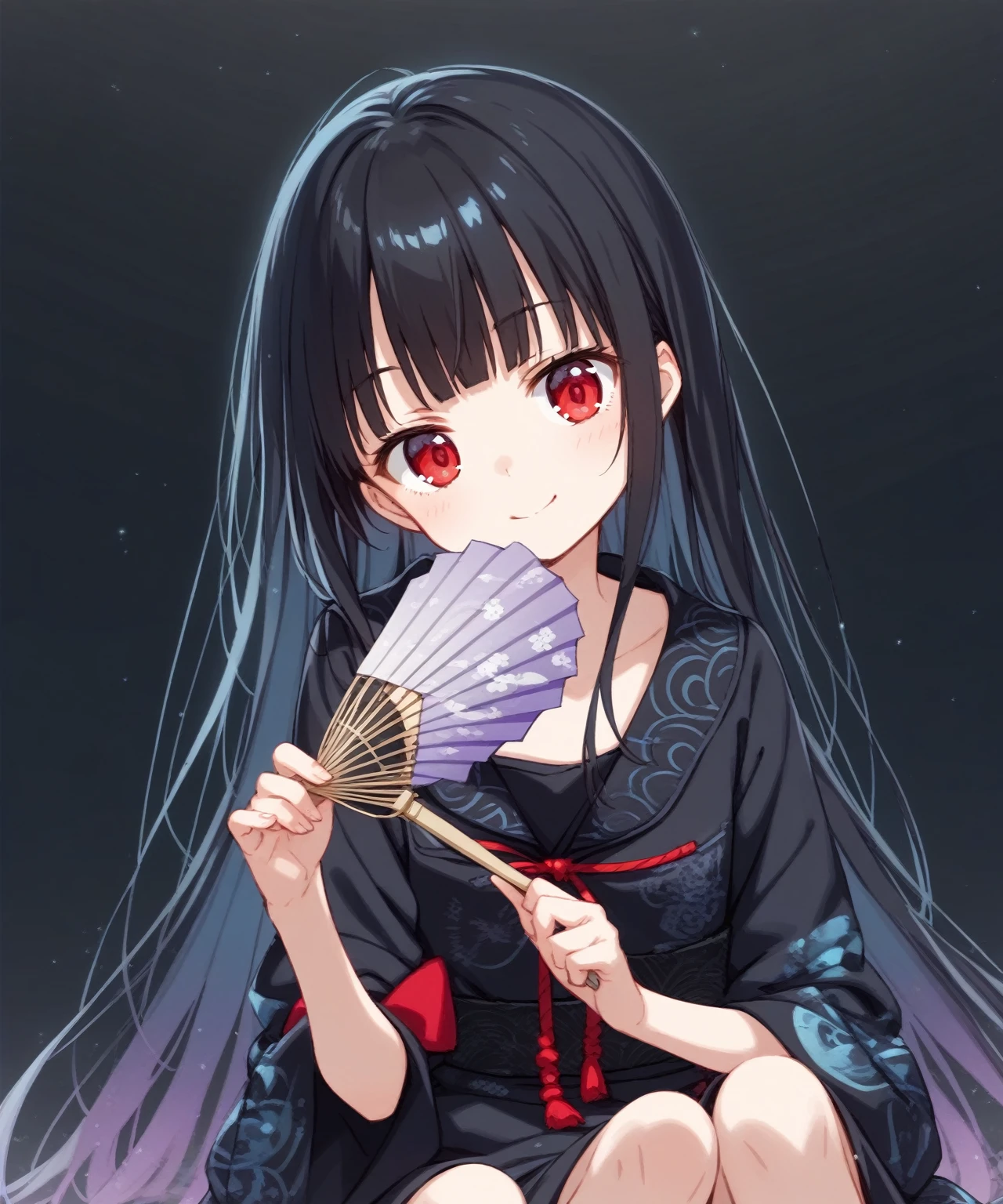 score_9, source_anime, anime_coloring, anime_screencap, 1girl, solo, black kimono \(glowing colorful rainbow zen tangle patterned\), black longhair, hime cut, long hair, sitting, wariza, leaning forward, holding gorgeous Japanese folding fan, sensu, slant red eyes, tsurime, soft smile, sword dance, head tilt, upper body, dark black background, simple background