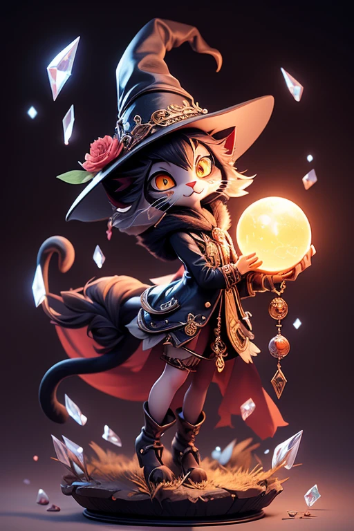 Create an image of a cat monster wearing a witch's hat. A large crystal ball with fortune telling symbols is in the front.. The images are sharp and detailed, with beautiful colors.. Has arms, legs, eyes, mouth, white background.