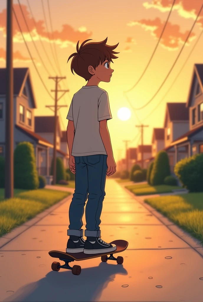 3-bit image of a boy skateboarding, thinking about life at the end of the afternoon