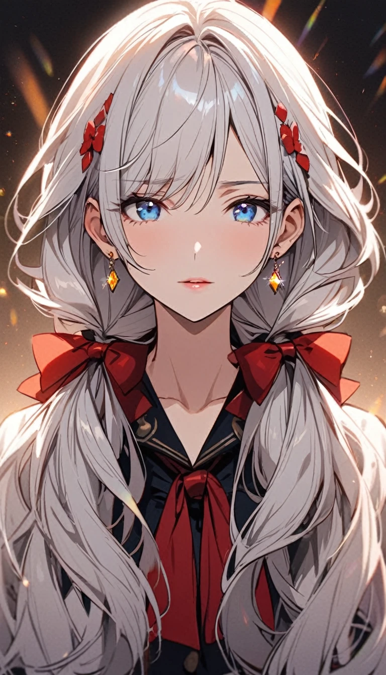 girl, mature, white hair, diamond earings, long hair, low twin tails, red bow on hair, blue eyes, adult. front face, beautiful