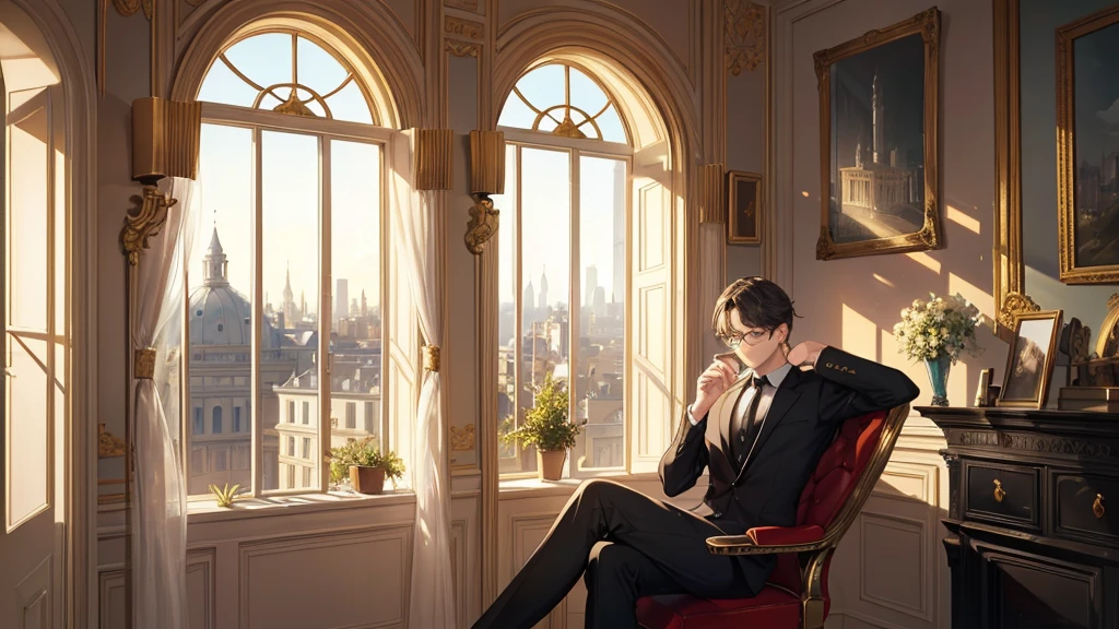 A picture of a guy with glasses inside a classical beautiful house with architectural details. He is sitting on a fancy chair drinking a coffee and admiring the landscape outside of his beautiful classical window. Make the landscape outside so contrasting and clear and color it. zoom out from the guy and let us see the room