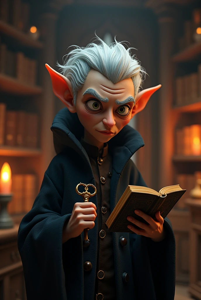 Create a highly detailed 3D Pixar-style character of a mysterious guardian of secrets. The character is of indeterminate age, with timeless, enigmatic features. They are dressed in a dark, elegant coat, with piercing eyes that seem to see into the soul. They hold an ancient book or a key, symbolizing the secrets they protect. The setting is a dimly lit room filled with old books, candles, and mystical artifacts. The overall atmosphere should be mysterious and captivating, drawing viewers in with a sense of intrigue and anticipation.
