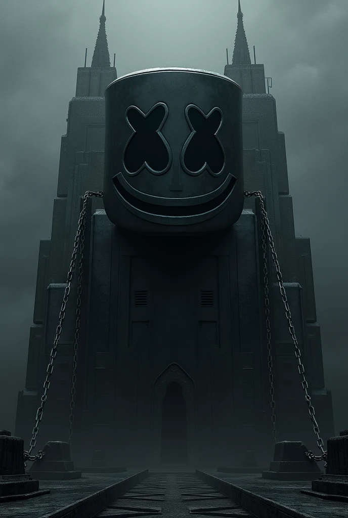 I want you to create a black  Marshmello faced wide building with chains and dark themed 