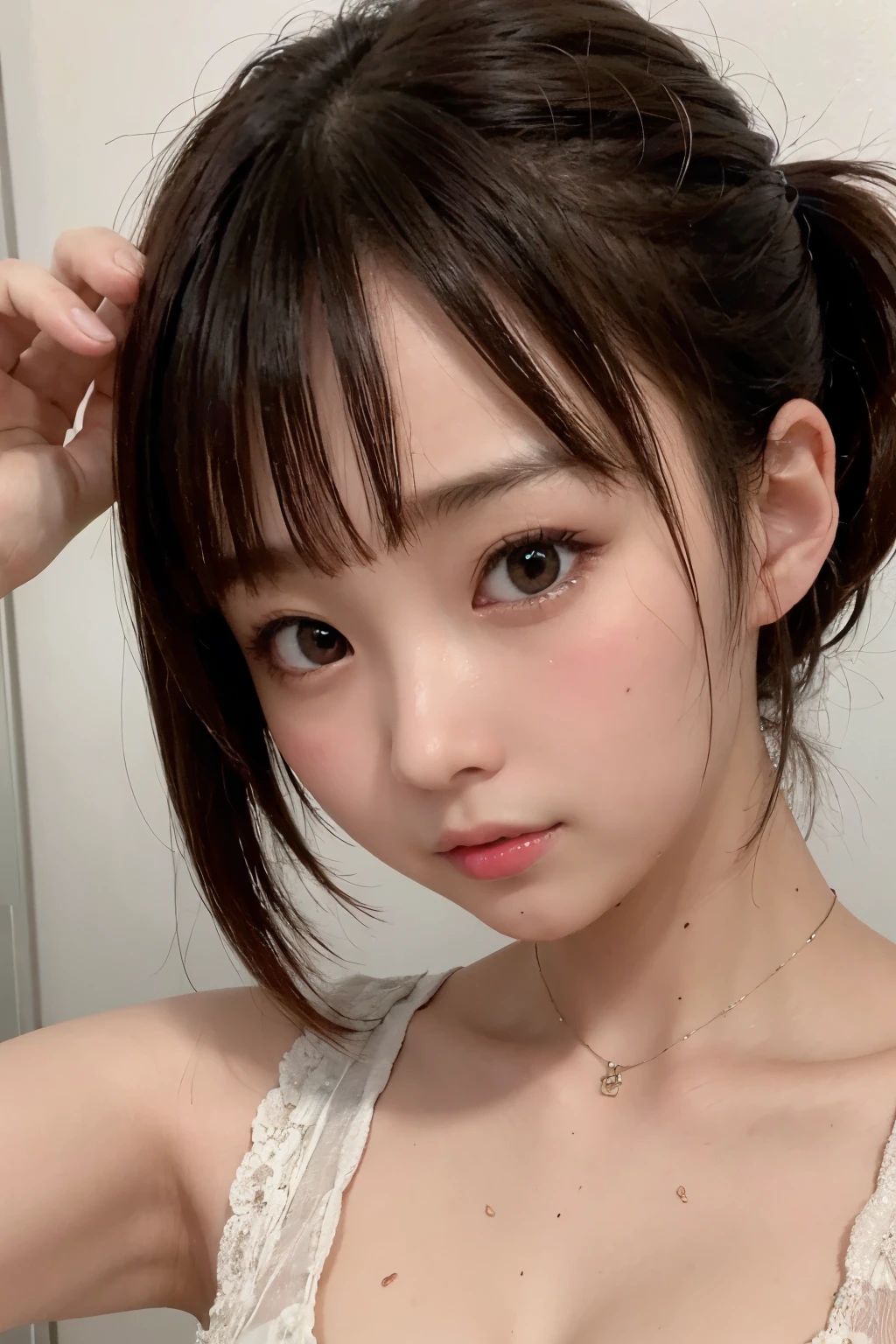 8K, RAW Photo, Best Quality, Masterpiece, Realistic, PhotoRealistic, Extremely Detailed 8K Wallpaper, Beautifully Detailed Eyes, Finely Detailed Face, 
 BREAK 
Professional Lighting, 
 BREAK 
1 Girl, Face Close-up, (White Background), 
 BREAK 
Perfectly Anatomically Correct:1.0, 5 Beautiful Thin Finger:1.0, 
 BREAK 
1 Girl, (Very Short Ponytail Hair), Kawaii, 
Captivating Eye Reflections, Japanese, Wide-Set Eyes, Big Eyes, Almond-Shaped Eyes, tareme, Double Eyelids, Eye Bags, White Skinned, Blush, Embarrassed, 18-Year-Old, 
Round Face, Chiseled Face, Round Chin, Thin Lips, Small Nose, Oval-shaped Face, 
(Wet Hair), Messy Hair, Brown Hair, Open Mouse Slightly, [Pouted Cheek], 
Accurate Face Line Silhouette:1.0, 
Looking at Viewer Straightly, 
Wearing White Camisole, 
 BREAK 
SFW:1.2
 BREAK 
Eye Focus, (Soft Saturation, Soft Contrast), Dynamic Angle, Bokeh:1.4