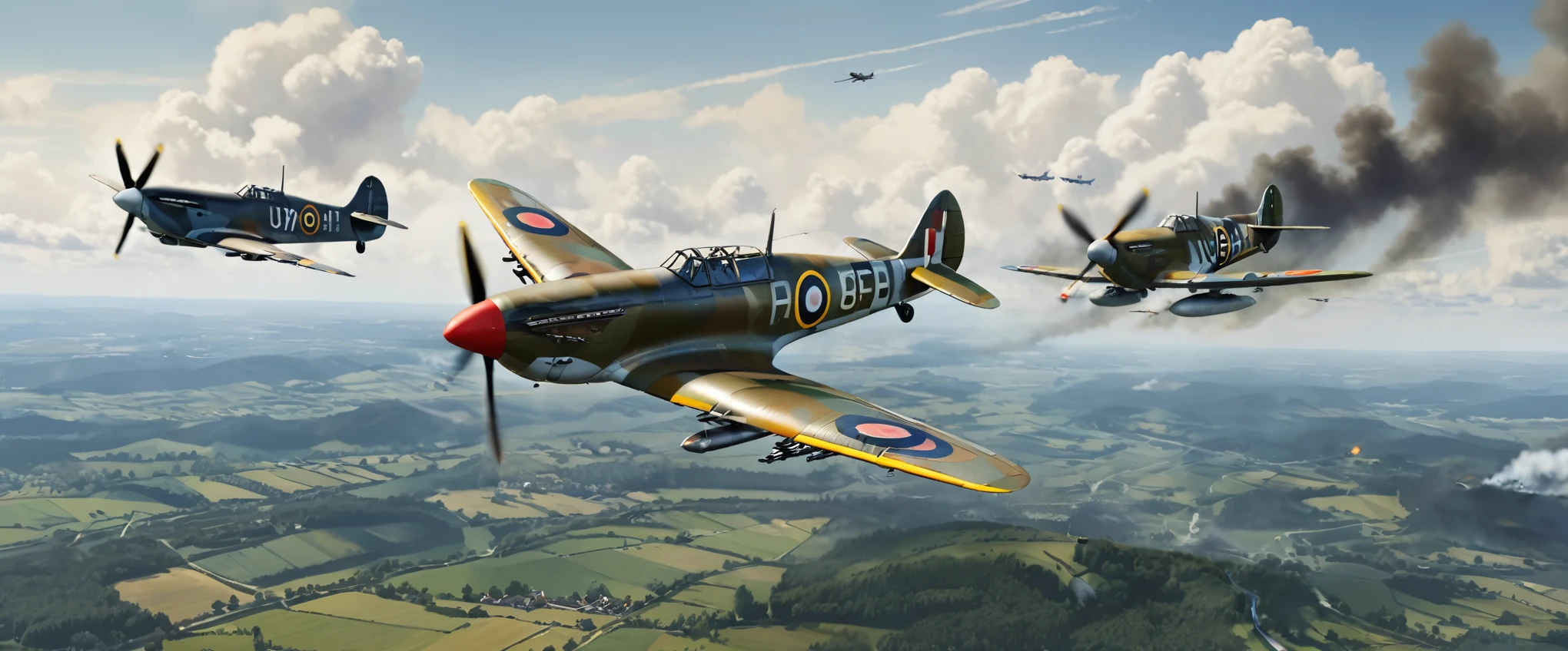 Create an ilustration in landscape position with dimensions of 210mm x 90mm depicting an aerial battle during World War II. In the center of the scene, show a British Spitfire fighter plane, with its distinctive markings and camouflage, performing an agile and bold maneuver while engaging several German Bf-109 fighter planes. The Bf-109s should be in attacking positions, with their typical Luftwaffe colors and markings. The sky should be dramatic, with clouds of smoke and tracer fire to indicate the intensity of the aerial combat. Include details like explosions and debris in the background to emphasize the ferocity of the battle. The setting can be a European landscape, such as a cloudy sky or a mountainous region in the distance. Make sure to capture the sense of speed and tension, with the planes in dynamic positions and the atmosphere charged with action and urgency.