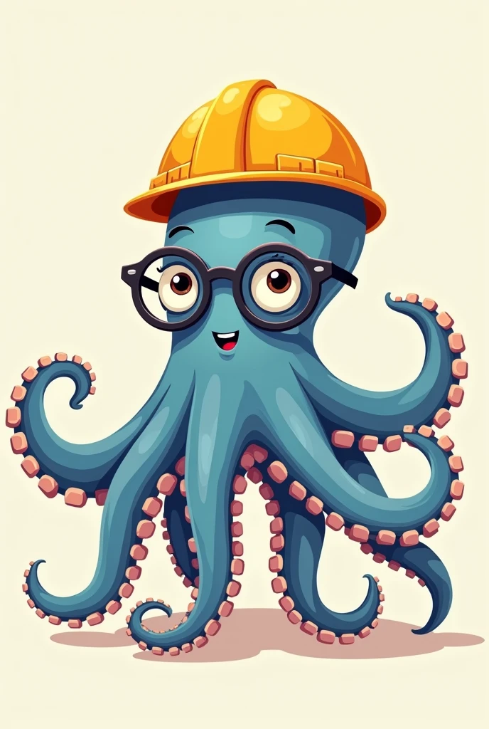 A beautiful and well-made octopus in blue., wearing gear-shaped glasses, with kind eyes that convey joy and sympathy, and sporting a yellow construction helmet.