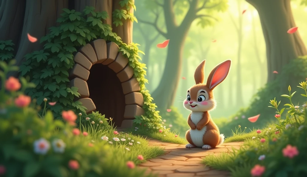 A small, adventurous rabbit named Max, Max standing near the edge of the forest, with his cozy burrow in the background. A gentle breeze swirls around him, carrying flower petals and a warm, glowing light. The magical path is no longer visible, but Max has a serene and satisfied expression, knowing the magic remains in his heart.