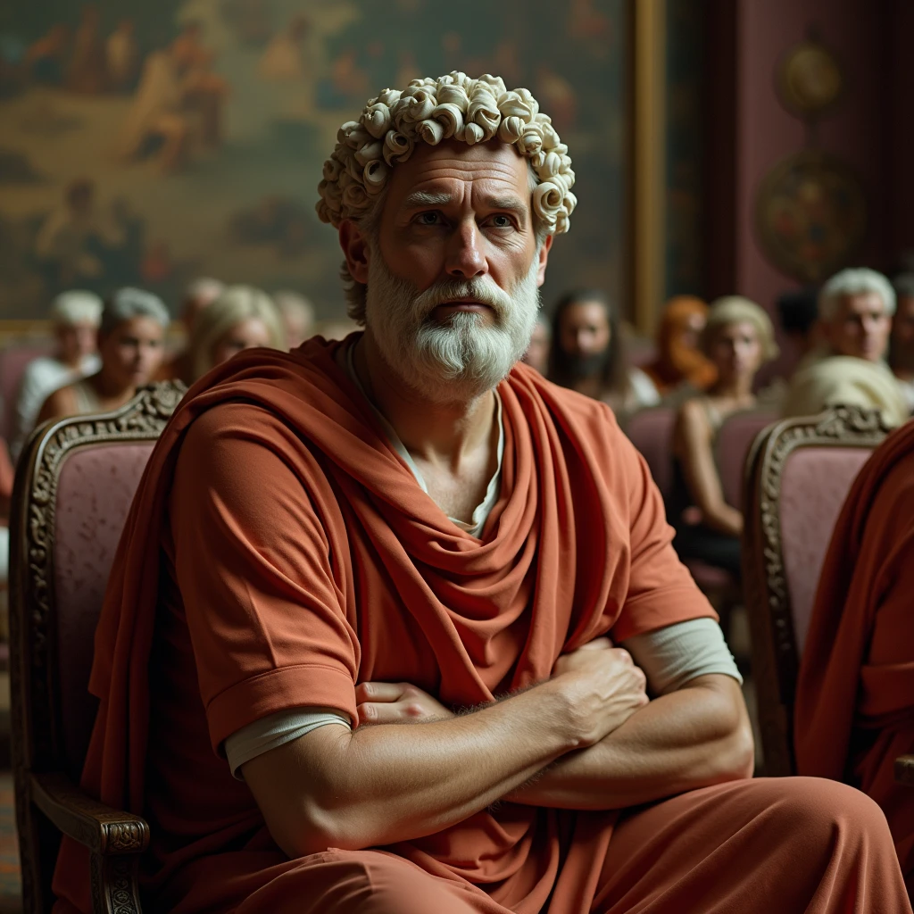 Aristotle in today's world watching a show in the background of the image