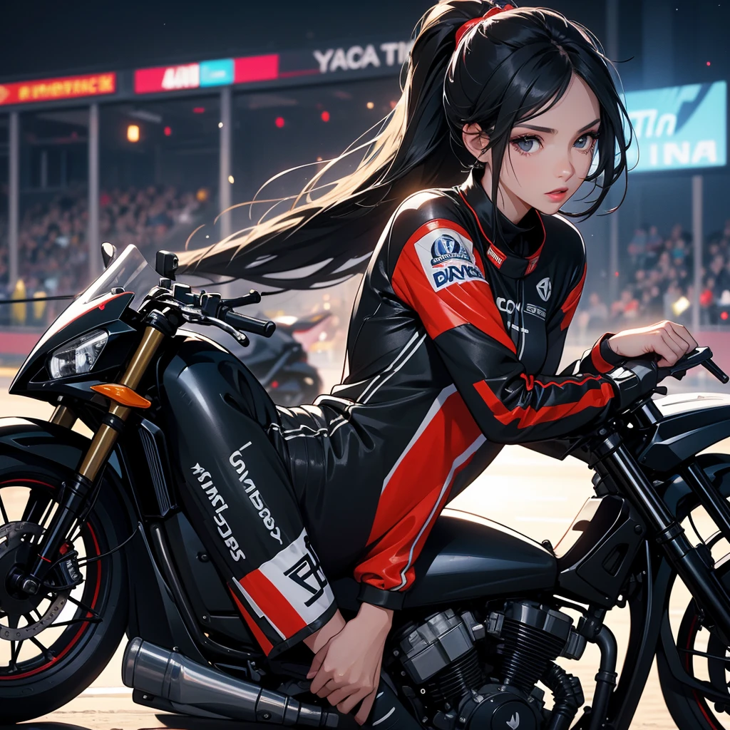 A beautiful female racer wearing a racing suit, with long black hair, is riding a motorcycle, racing on a racetrack. There are many spectators sitting around watching the race, midnight, close up.