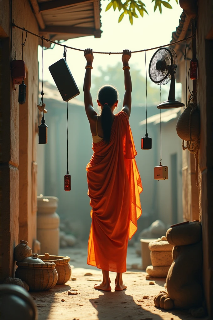 An Indian woman hanging a laptop charger, mobile fan, laptop etc. on a rope