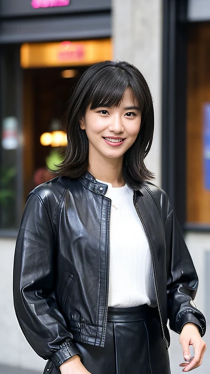 最high quality, 8k, Vibrant, Sharp focus, high quality, High resolution, Middle-aged women, Mature Woman, 40 years old, (Whole Body Ezbian), (High heels face detail, Highly detailed eyes, Plump figure、Plump face、((big 1.6))、(((Large Breasts)))、((Black leather clothing))、Bob cut short hair、A kind smile、garden