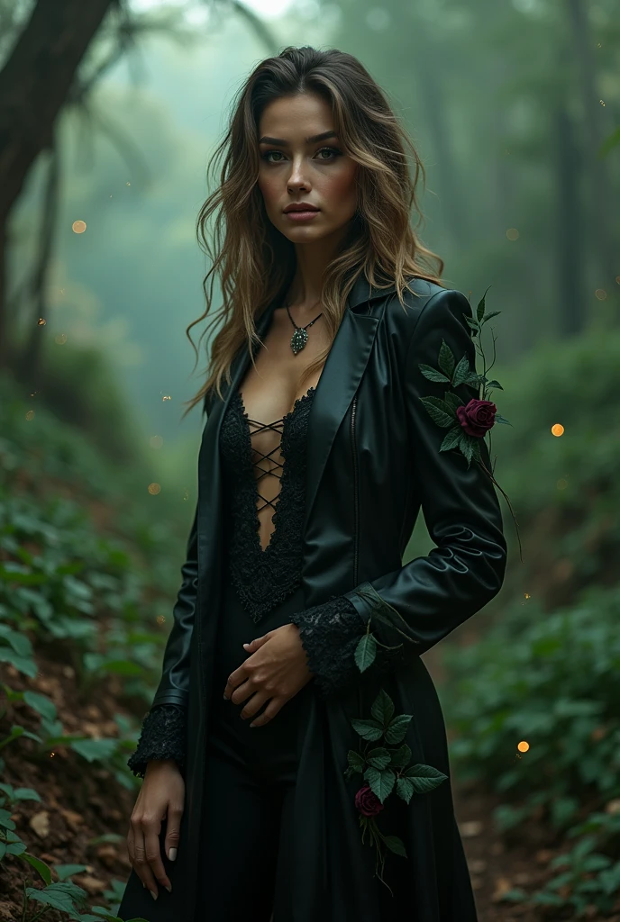 a woman wearing a black poison ivy suit ,full body shot, roses and palms, sparkles, cinematic lighting, ethereal details,snapshot aesthetic,dreamlikenaturaleza, neon hallucinations, Kodak aerochrome, light white, shooting photography for magazine cover , Canon lens 85mm 1.2f, dramatic lighting, Master pieces, 8k UHD, Photorealistic, Hyper detail, neon hallucinations, kodak aerochrome, ethereal, dreamy, vaporwave, soft focal points