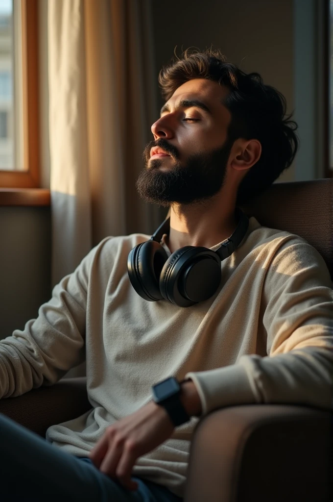 Create me an image of a young Muslim man with a beard and a moustache. Wearing headphones and a watch. Sitting in a room on chair closed eyes relaxing create a cinematic look with best grading