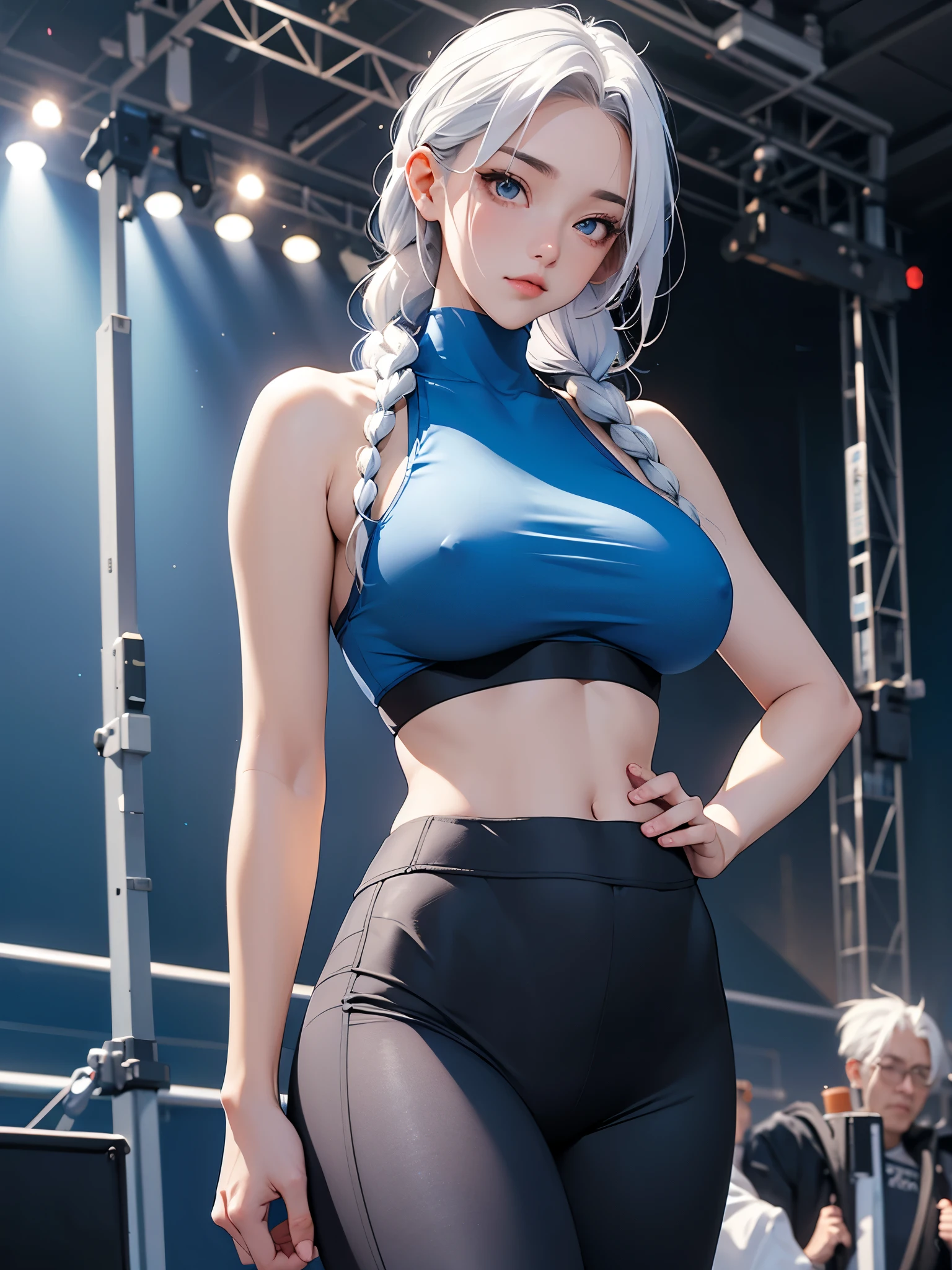 A fit young woman in her 20s. wearing a blue and black sports bra with matching leggings. She has long, braided white hair. no background. on the stage. 카메라를 바라본다
huge boobs. she is walking
