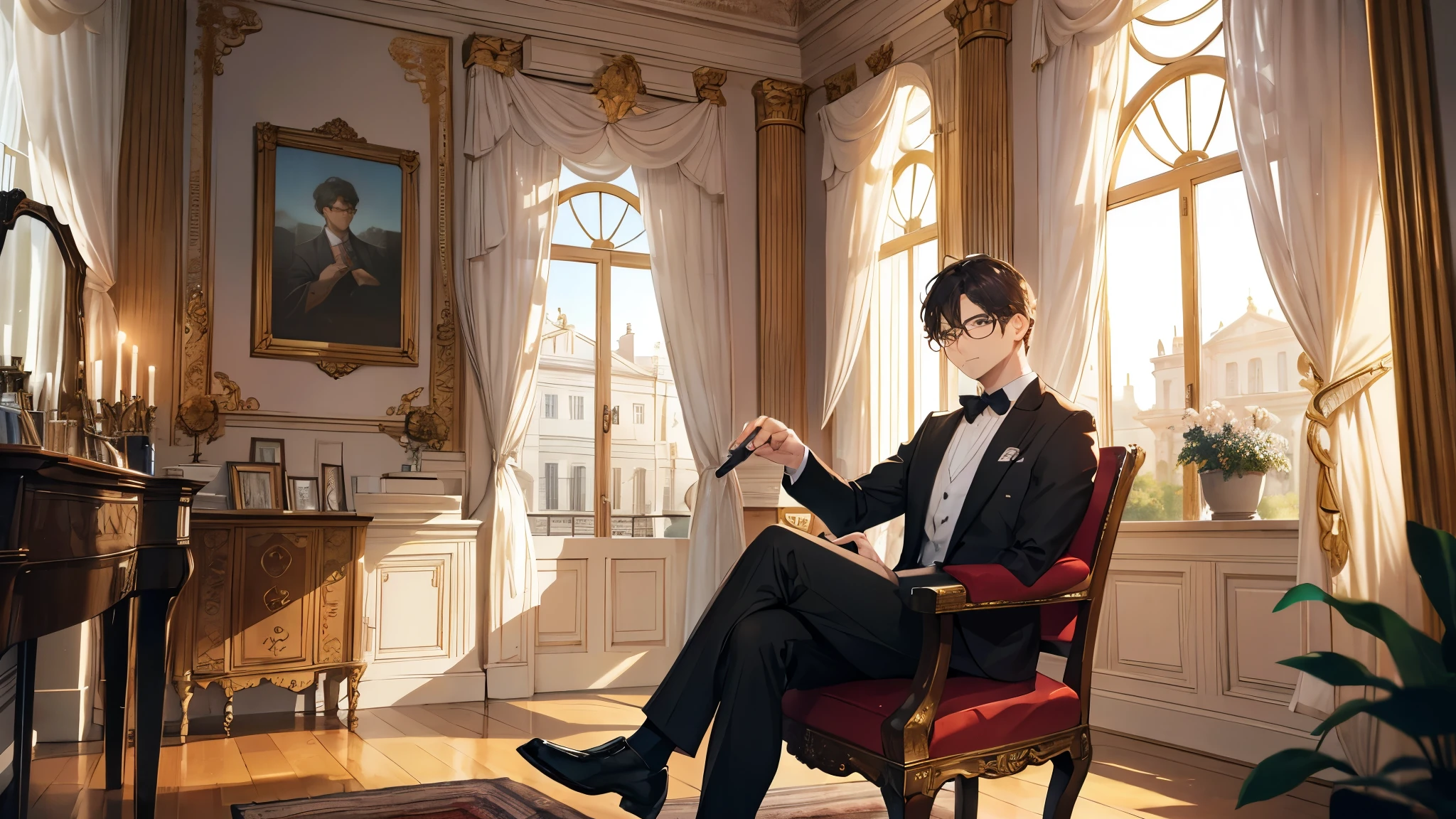 A picture of a guy with glasses inside a classical beautiful house with architectural details. He is sitting on a fancy chair drinking a coffee and admiring the landscape outside of his beautiful classical window. Make the landscape outside so contrasting and clear and color it. zoom out from the guy and let us see the room