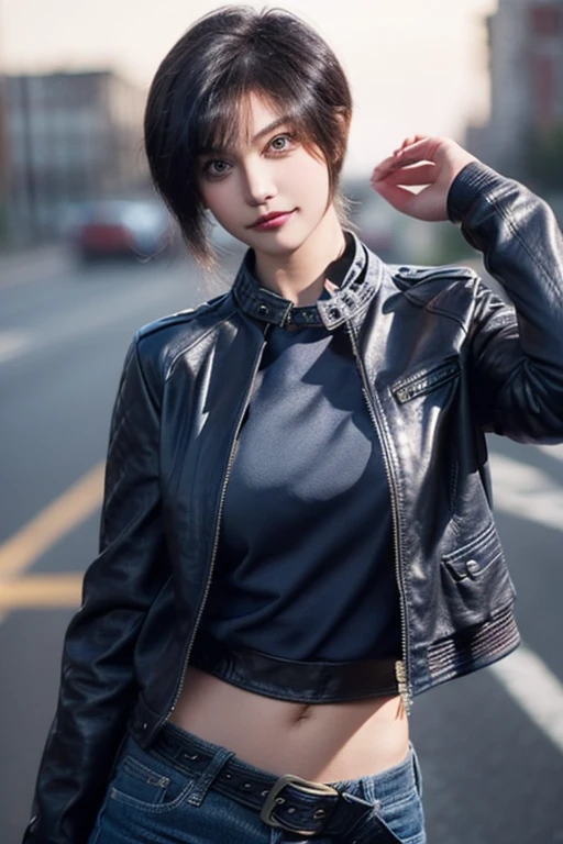 1 girl, ((leather jacket, harvest as well)), (dark blue jeans, iron belt), ((bare abdomen, belly button)), high quality, city, evening, standing, seductive smile, looking at the viewer, mask on the head, For the blue, short hair, yellow eyes