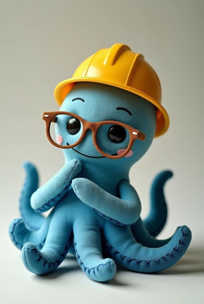 A stuffed octopus in dark blue and light blue, wearing gear-shaped glasses, with kind eyes that convey joy and sympathy, and sporting a yellow construction helmet.