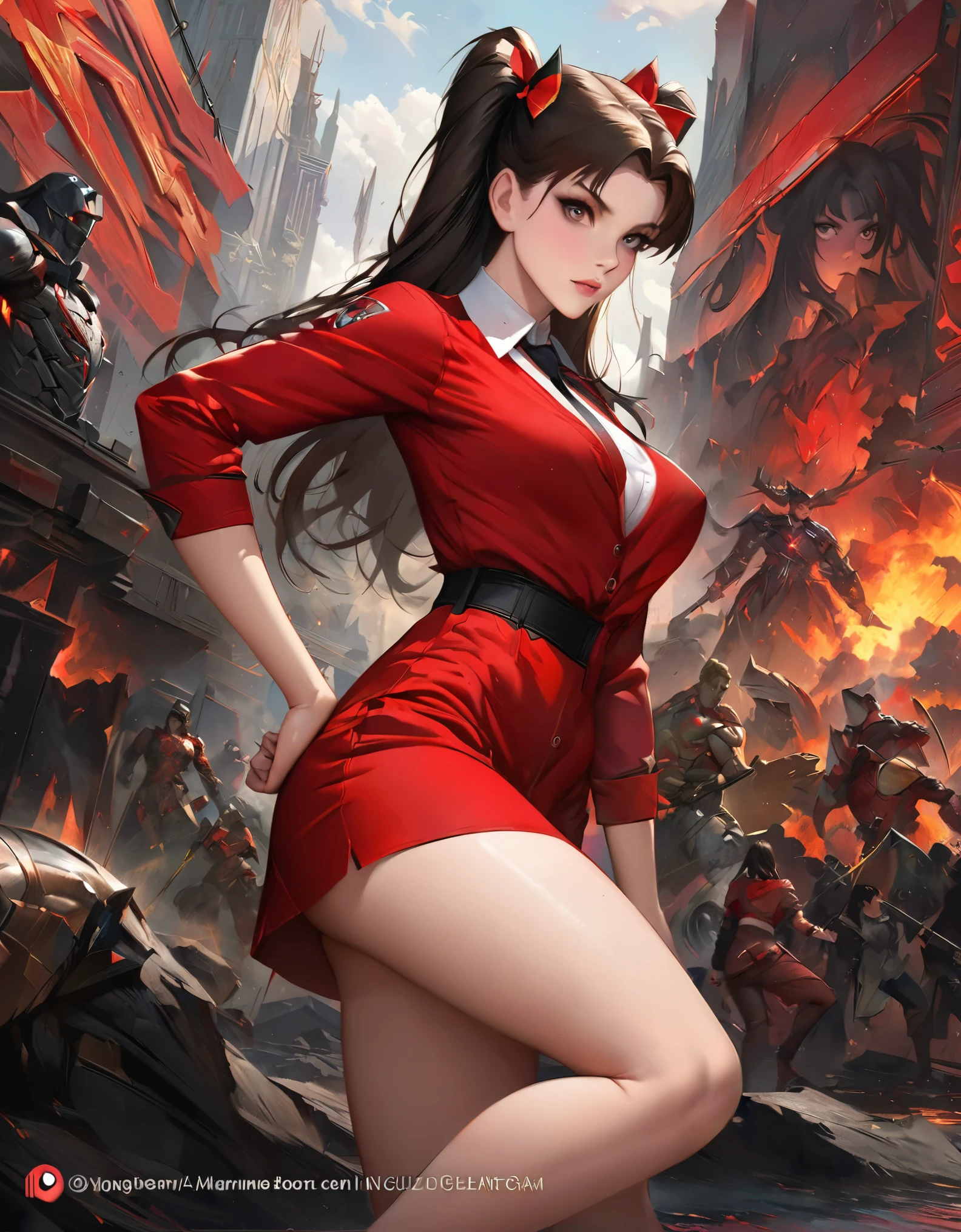 anime girl(kate mara) in red shirt and black tie posing for a picture, by Yang J, extremely detailed artgerm, rin tohsaka, artgerm jsc, artwork in the style of guweiz, beautiful digital artwork, artgerm. high detail, range murata and artgerm, style artgerm, ig model | artgerm
