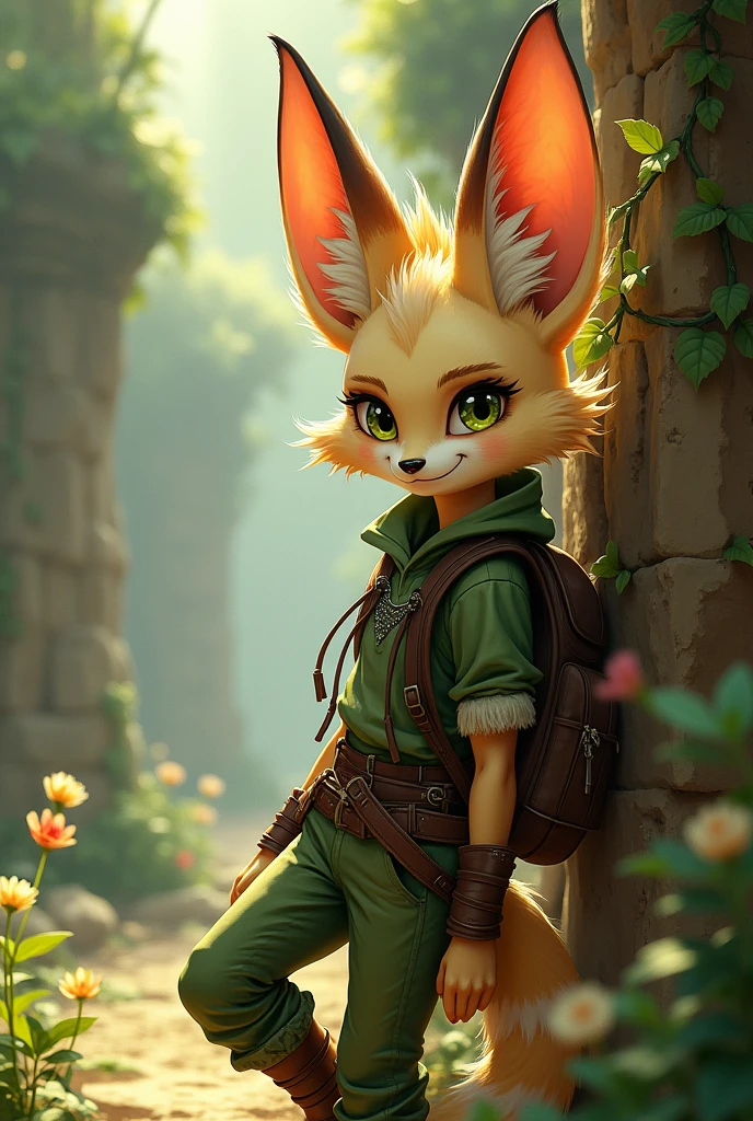 An anthropomorphic fennec girl with yellow-green eyes, looking away, cocky, light fur color, brown Stripes, , happy childirl, mohawk. Wears tattered fantasy streetwear, green clothes, tattered, leather bracelets, fantasy bracelets, old bagpack. Leaning at a wall; in troll ruins. In a dschungle. wild flowers, vines, Alone. Glints, warm colors, digital illustration, watercolor painting, sharp focus, blurry background, (post rock), golden hour, (Furry fingers), view from side