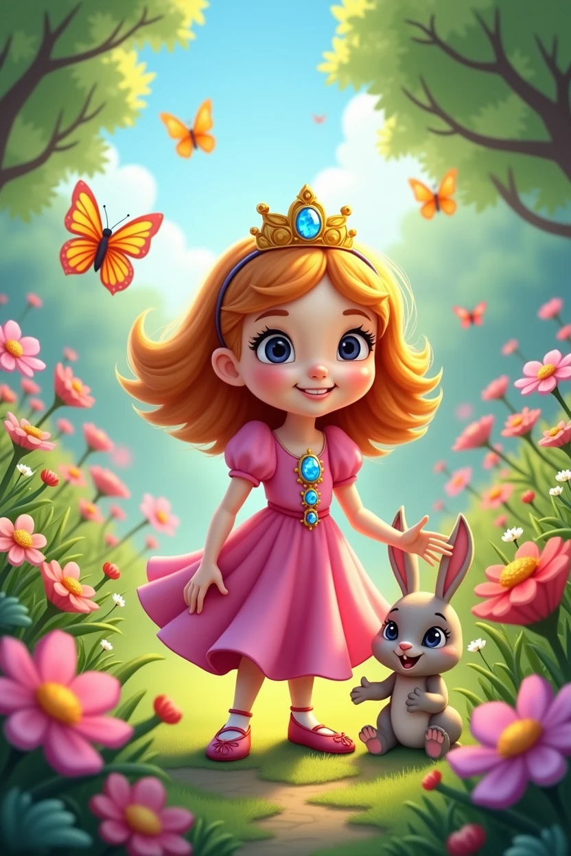 Cover Illustration:
- A whimsical scene depicting Princess Pip in her bright pink dress, and pink hair, with a big, sparkling button. She is standing in a lush green garden, surrounded by blooming flowers and butterflies. Bun Bun the bunny sits beside her, looking up at her with a playful smile. The overall tone of the illustration should be bright, cheerful, and inviting.
Imagine a cover with a sunny yellow background. Pip stands in the center, her pink dress flowing around her. The button on her dress is a large, sparkling gem, reflecting the sunlight. Bun Bun sits beside her, looking up at her with a mischievous grin. In the background, colorful flowers bloom, and butterflies dance in the air. The title "Princess Pip and the Lost Button" is written in a bold, playful font, with the author's name below it.