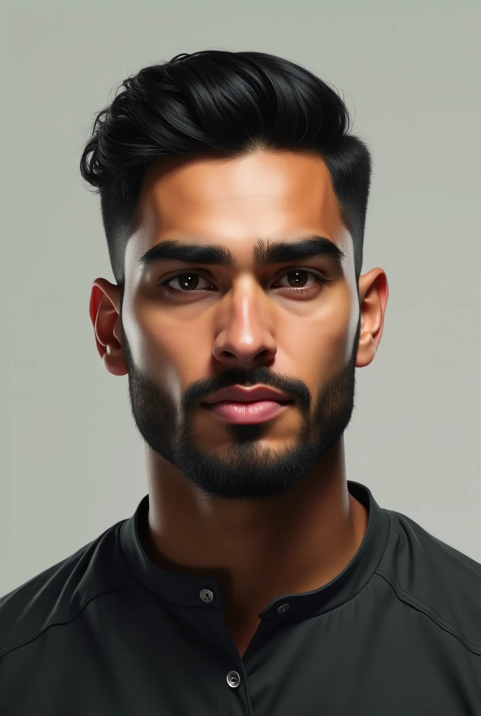 Creat a model name Sarfarazahmed with black small eyes dark eye brow v shape face trimmed beard black hair