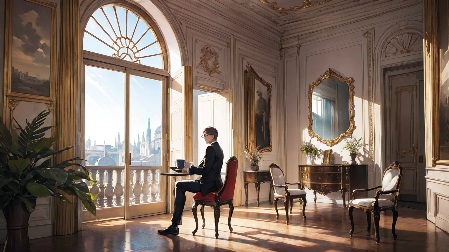 A picture of a guy with glasses inside a classical beautiful house with architectural details. He is sitting on a fancy chair drinking a coffee and admiring the landscape outside of his beautiful classical window. Make the landscape outside so contrasting and clear and color it. zoom out from the guy and let us see the room
