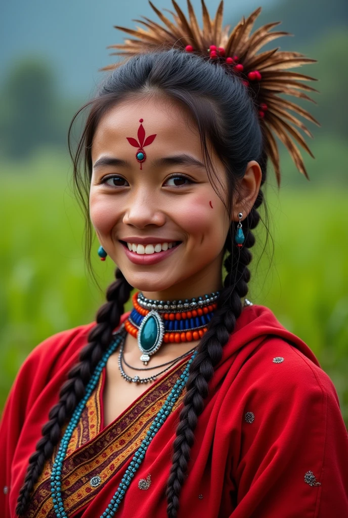 A 20-year-old woman, wearing the traditional garb of the Garo community in Meghalaya, South Asia, the traditional dress is red in color, with a red pattern on the forehead, a bunch of feathers tied together at the back of the head, the woman has a beautiful smile, neck Blue designed ornaments, hand bangles,