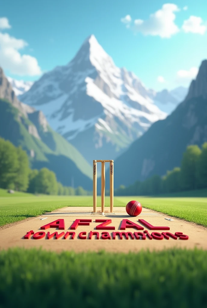 Create a picture of a cricket ground with mountains behind and only stumps bat and ball in the ground and written "AFZAL town champions" in 3D form on the ground pitch.