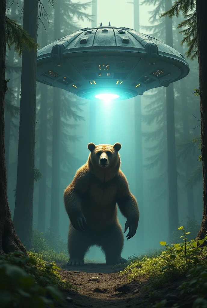 An alien spaceship abducting a bear