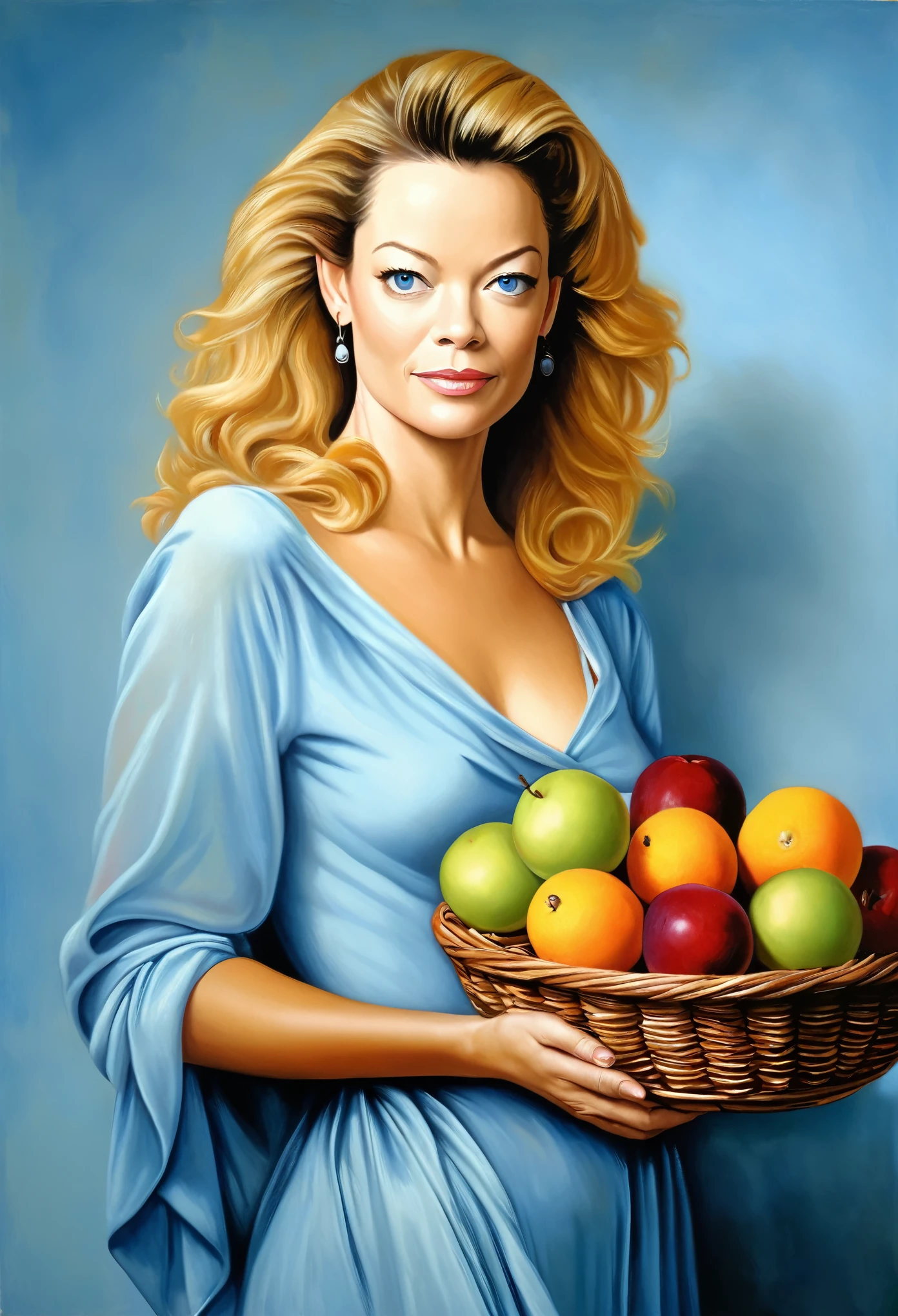 painter Michael 'Angelo, nude portrait of Jerri Ryan holding a fruit basket, light blue background, Renaissance oil painting
