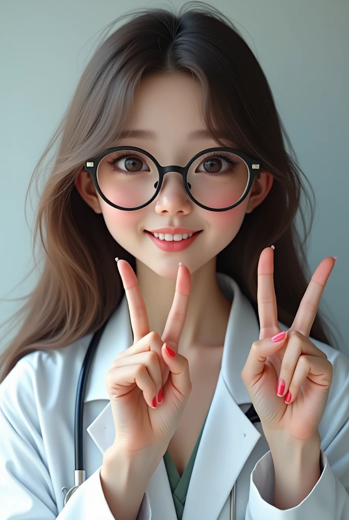 Beautiful girl with big eyeglasses, with long haired, wearing white medical coat. Facing front smiling and peace hand sign