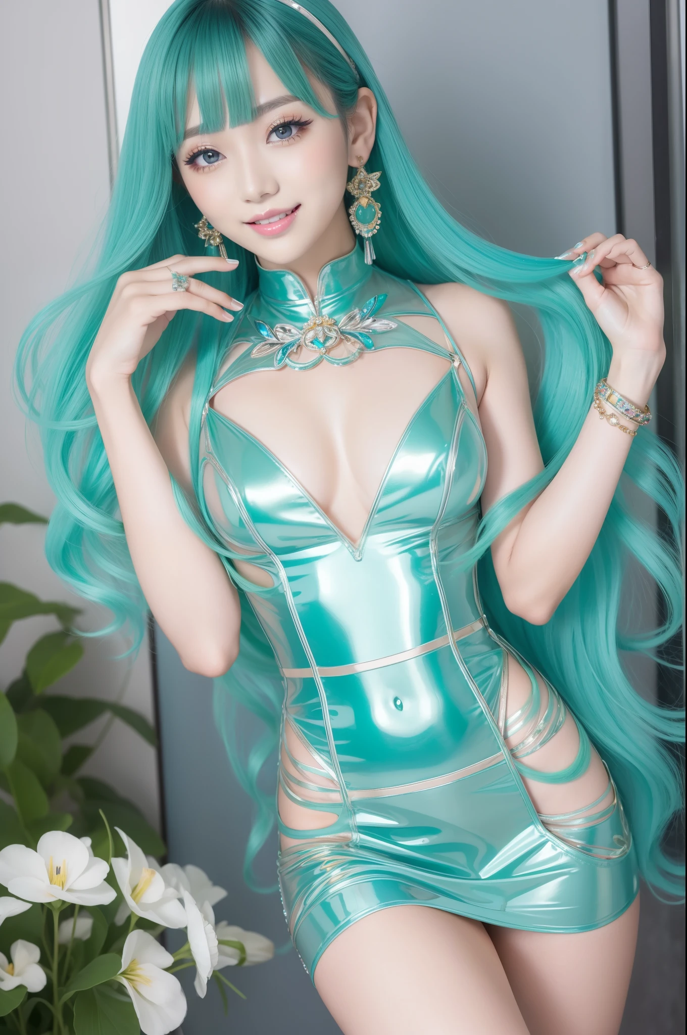 sexy Japanese fashion model、bright smile、lipgloss、glossy transparent lipstick、Colorful metallic makeup、eyeliner、very long lashes、Colorful sparkling jewelery、full body Esbian、sheer latex tight mini dress(turquoise blue and light green)、Colorful hair