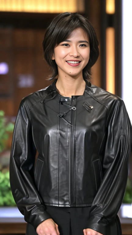 最high quality, 8k, Vibrant, Sharp focus, high quality, High resolution, Middle-aged women, Mature Woman, 55 years old, (Whole Body Ezbian), (High heels face detail, Highly detailed eyes, Plump figure、Plump face、((big 1.6))、(((Large Breasts)))、((Black leather clothing))、Busy Street、Random Hairstyles、A kind smile、(Leather Fashion、leather jacket、Leather skirt、boots、)、