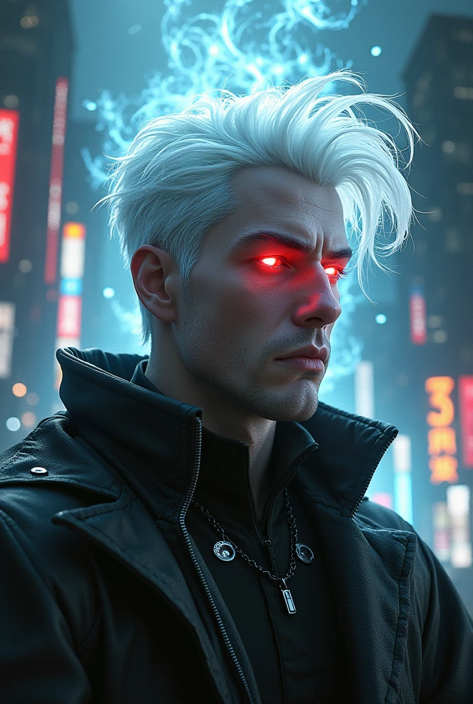 Photorealism, male, White hair, Red eye, cyberpunk, dragon aura