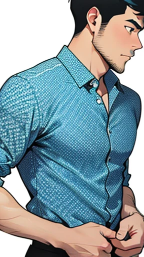 Draw small aqua blue polka dots on the pattern of a white shirt.、A handsome man wearing a shirt