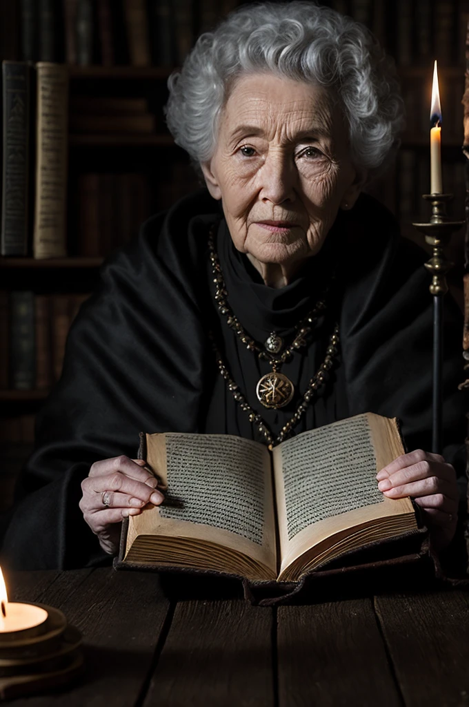 Create a highly detailed 3D Pixar-style character of a mysterious guardian of secrets. The character is of indeterminate age, with timeless, enigmatic features. They are dressed in a dark, elegant coat, with piercing eyes that seem to see into the soul. They hold an ancient book or a key, symbolizing the secrets they protect. The setting is a dimly lit room filled with old books, candles, and mystical artifacts. The overall atmosphere should be mysterious and captivating, drawing viewers in with a sense of intrigue and anticipation.
