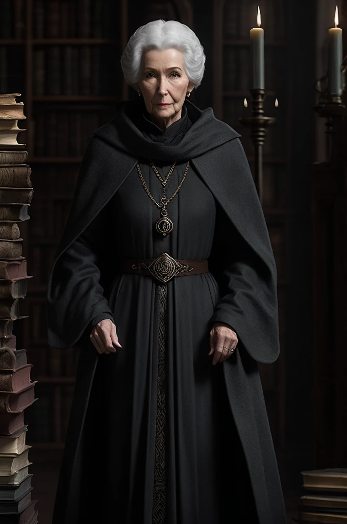 Create a highly detailed 3D Pixar-style character of a mysterious guardian of secrets. The character is of indeterminate age, with timeless, enigmatic features. They are dressed in a dark, elegant coat, with piercing eyes that seem to see into the soul. They hold an ancient book or a key, symbolizing the secrets they protect. The setting is a dimly lit room filled with old books, candles, and mystical artifacts. The overall atmosphere should be mysterious and captivating, drawing viewers in with a sense of intrigue and anticipation.