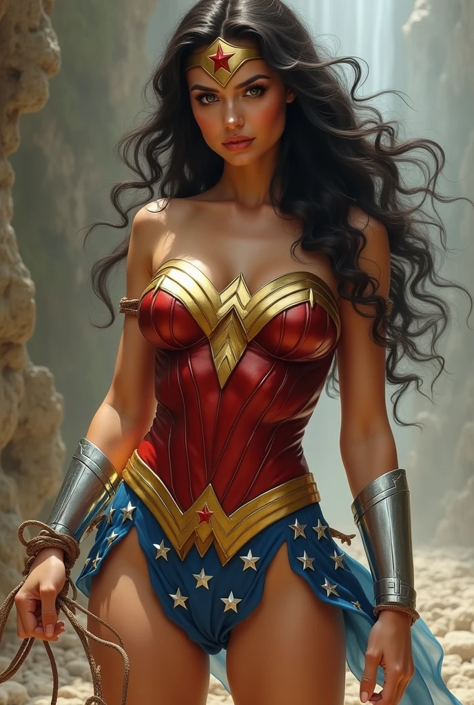 Naked Wonder Woman, fourth breast size, completely naked, bound by the lasso of justice