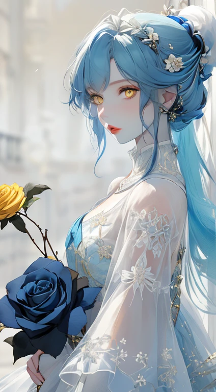 ((girl)) , ((Blue Hair)) , ((Yellow eyes)) , ((White skin)) , Holding a black rose