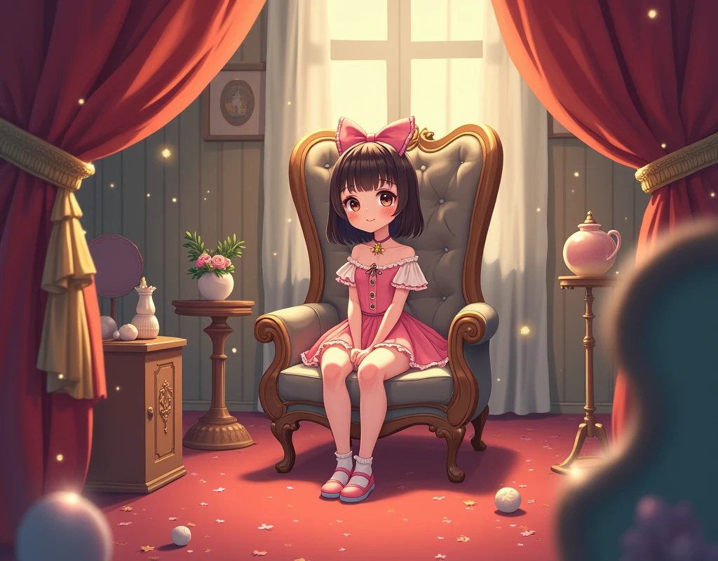 anime Illustration, cute female circus performer, sitting in the circus back room alone.